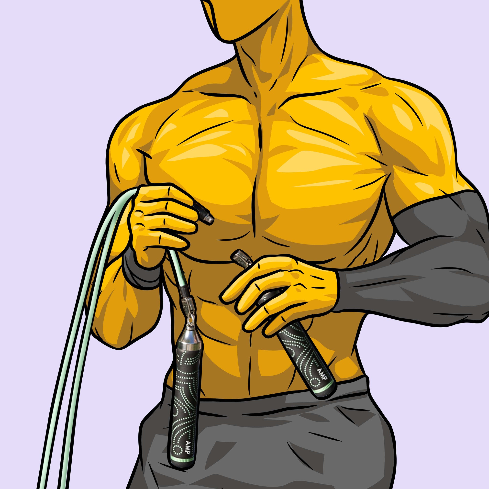 Muscular figure holding a rope and weights against a light purple background