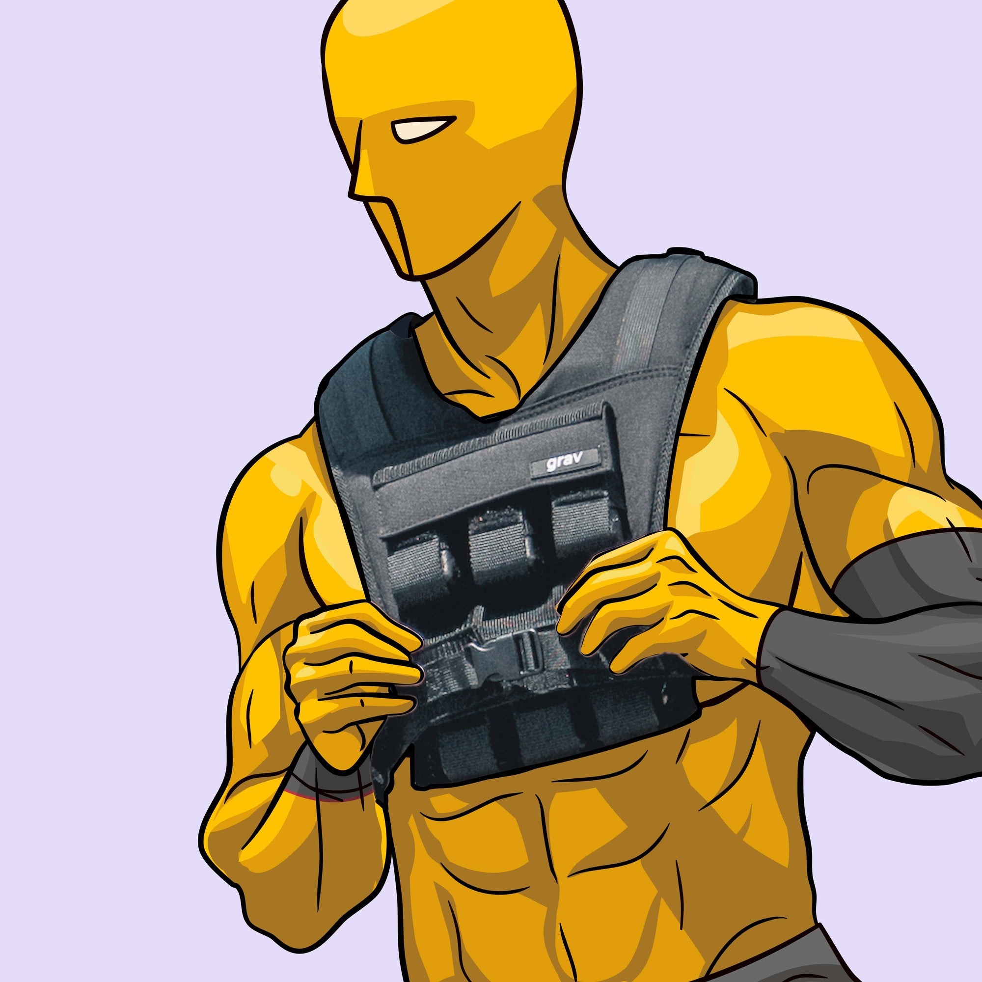 Yellow dude with a black tactical vest on a light purple background