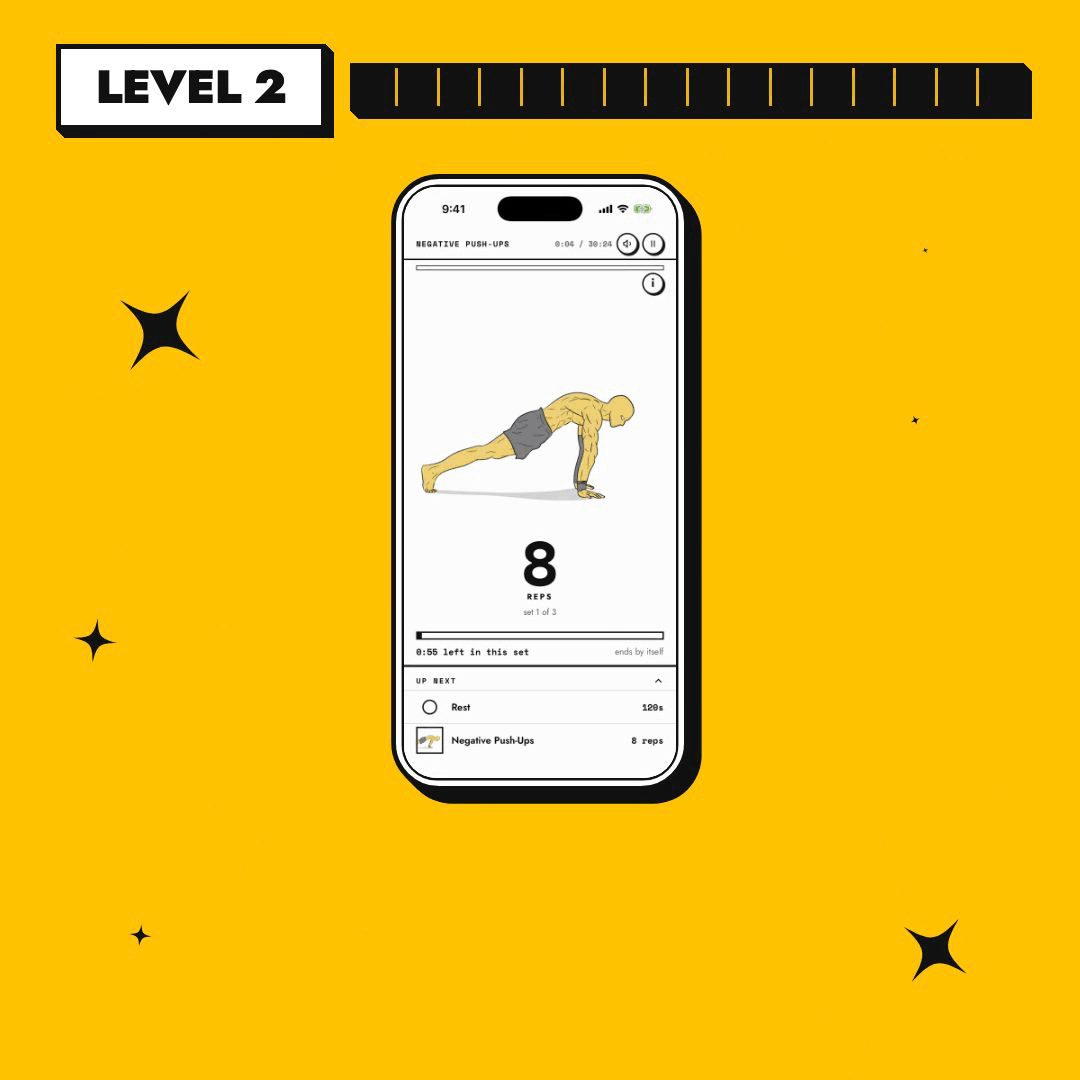 The Calisthenics Playbook opens, every page flies into a phone for +XP, it levels up, and the phone runs the Yellow Dude app.