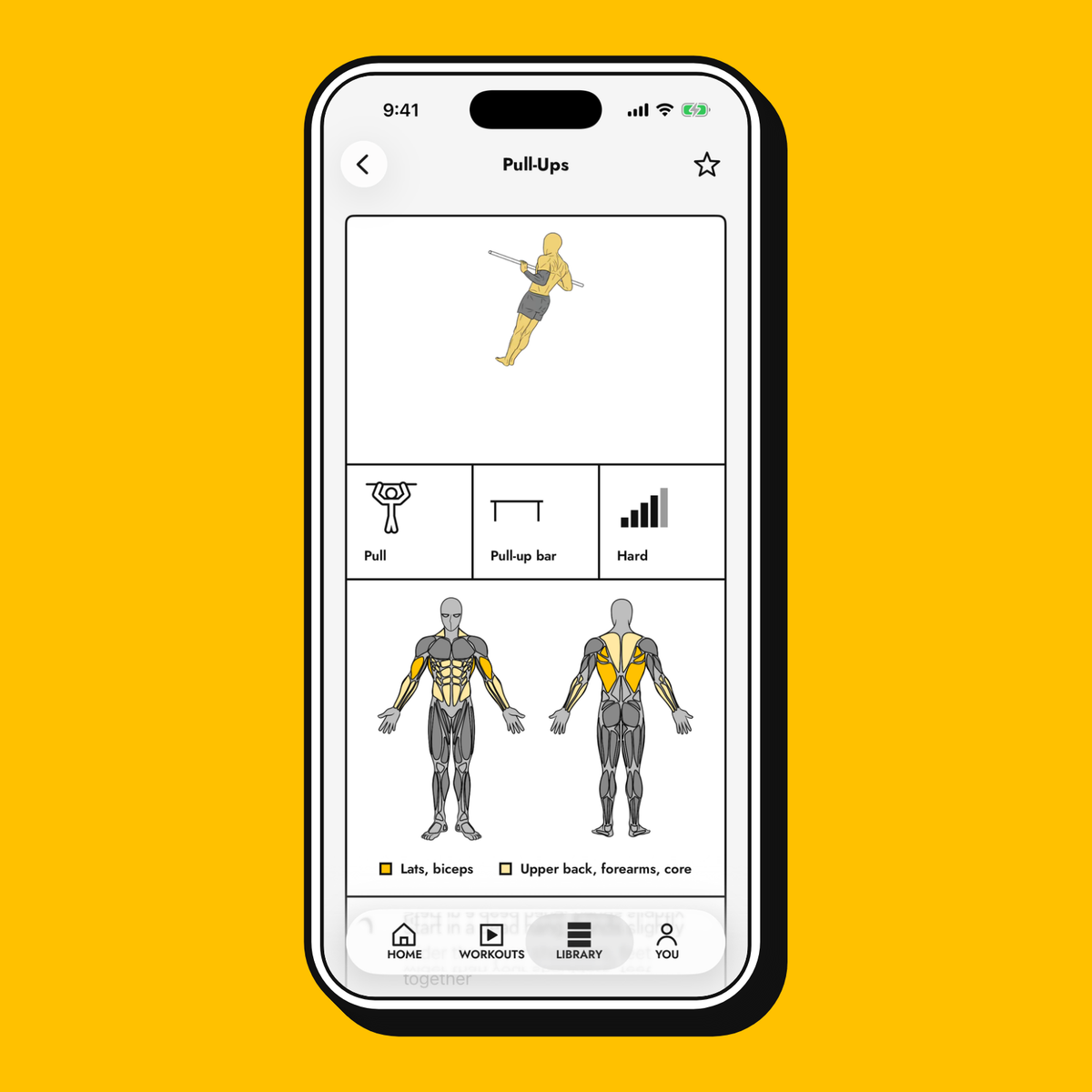 An exercise page in the Yellow Dude app: the Pull-Ups animation, its pattern, gear and difficulty, and the muscles it works lit on the body.