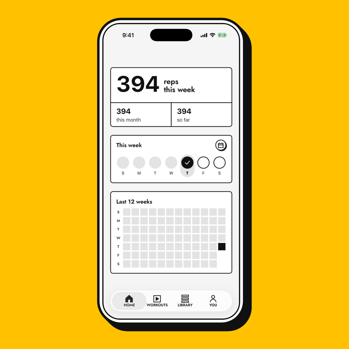 Home in the Yellow Dude app after training: 394 reps this week, today ticked on the week's plan, the last 12 weeks filling in.