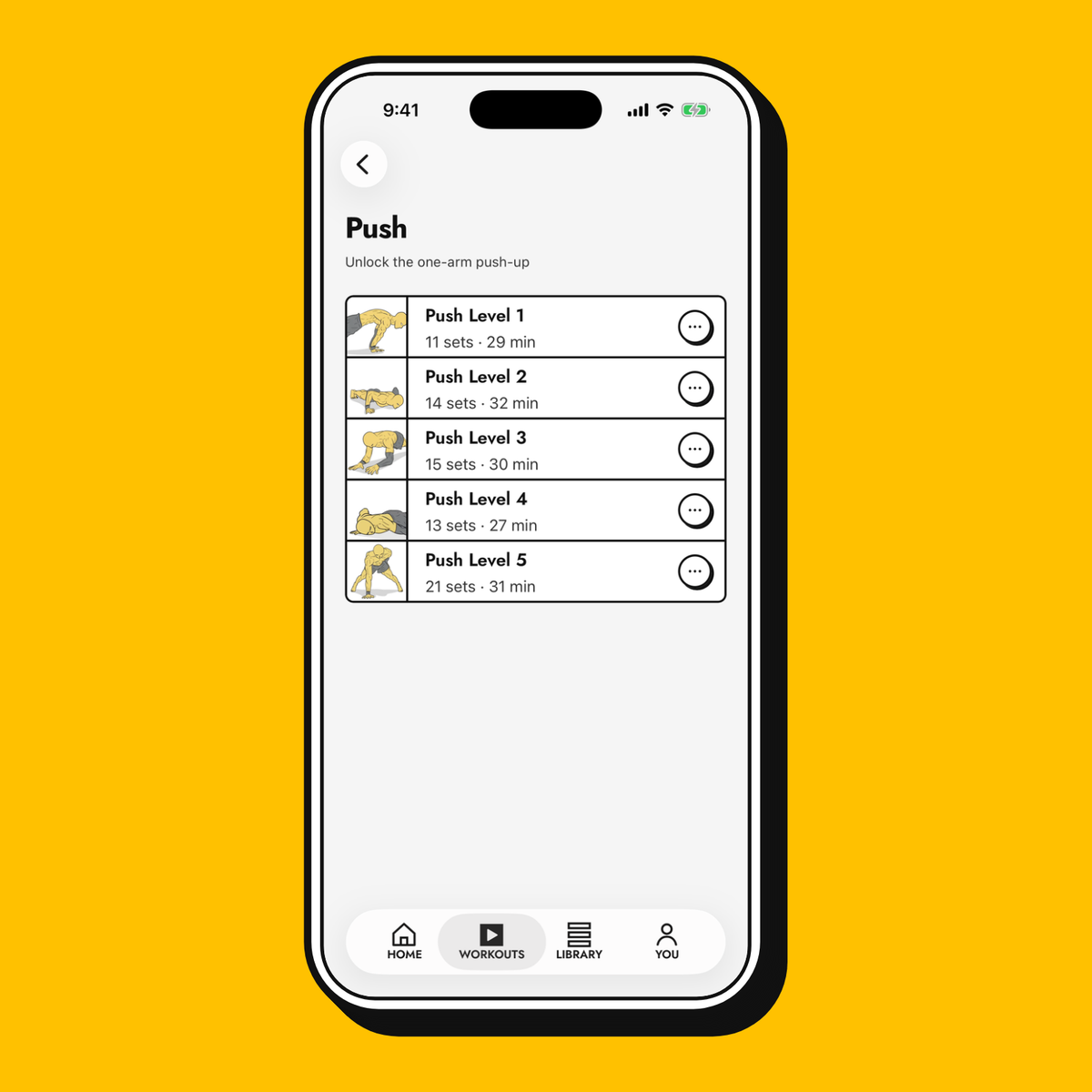 The Push program in the Yellow Dude app: Level 1 to Level 5, ending on the one-arm push-up.