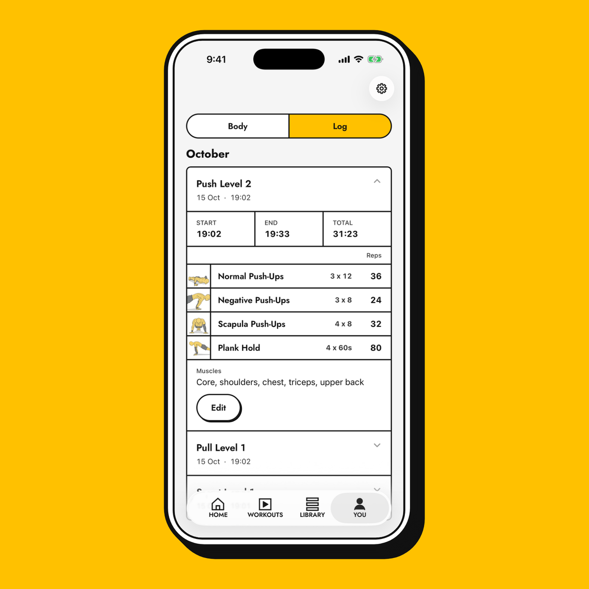 The workout log in the Yellow Dude app: Push Level 2 from 19:02 to 19:33, every movement with its reps, and the muscles it worked.
