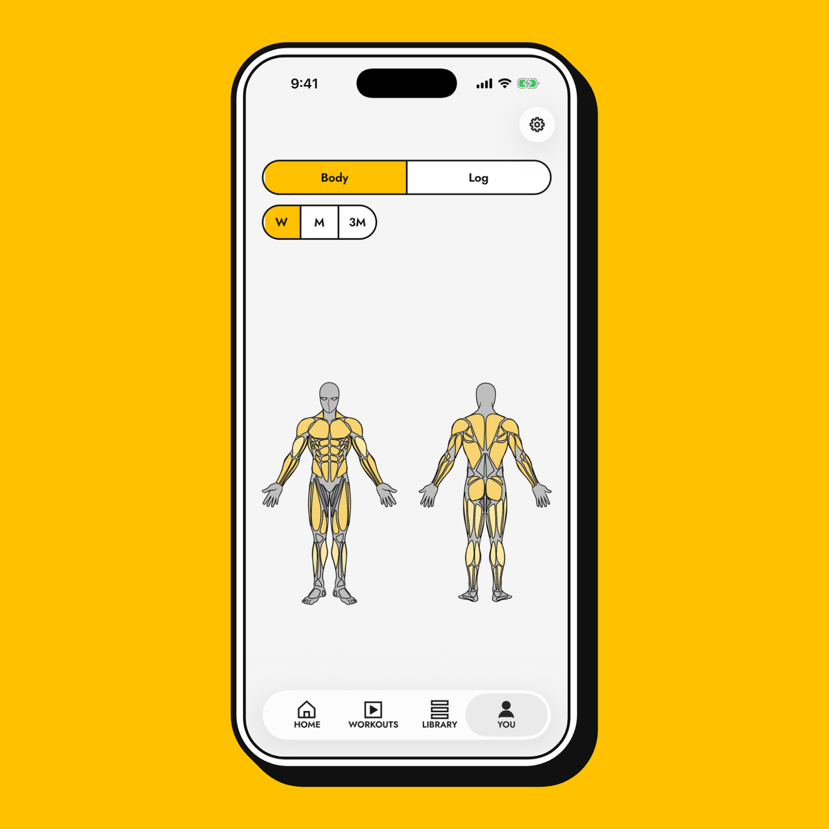 The body map in the Yellow Dude app: the muscles worked this week lit in yellow, front and back.