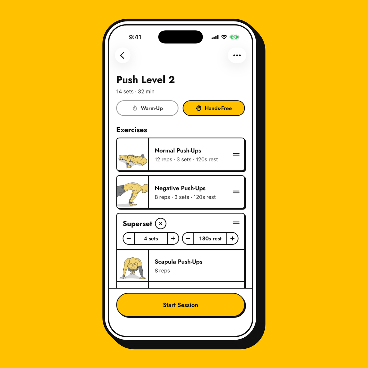 A workout's start page in the Yellow Dude app: Push Level 2 with Hands-Free on and its exercises listed, ready to start.