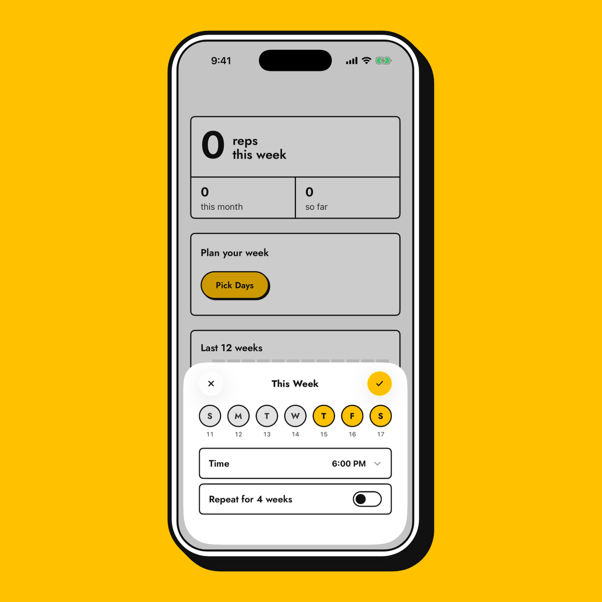 The week plan in the Yellow Dude app: Thursday, Friday and Saturday picked, training at 6:00 PM.