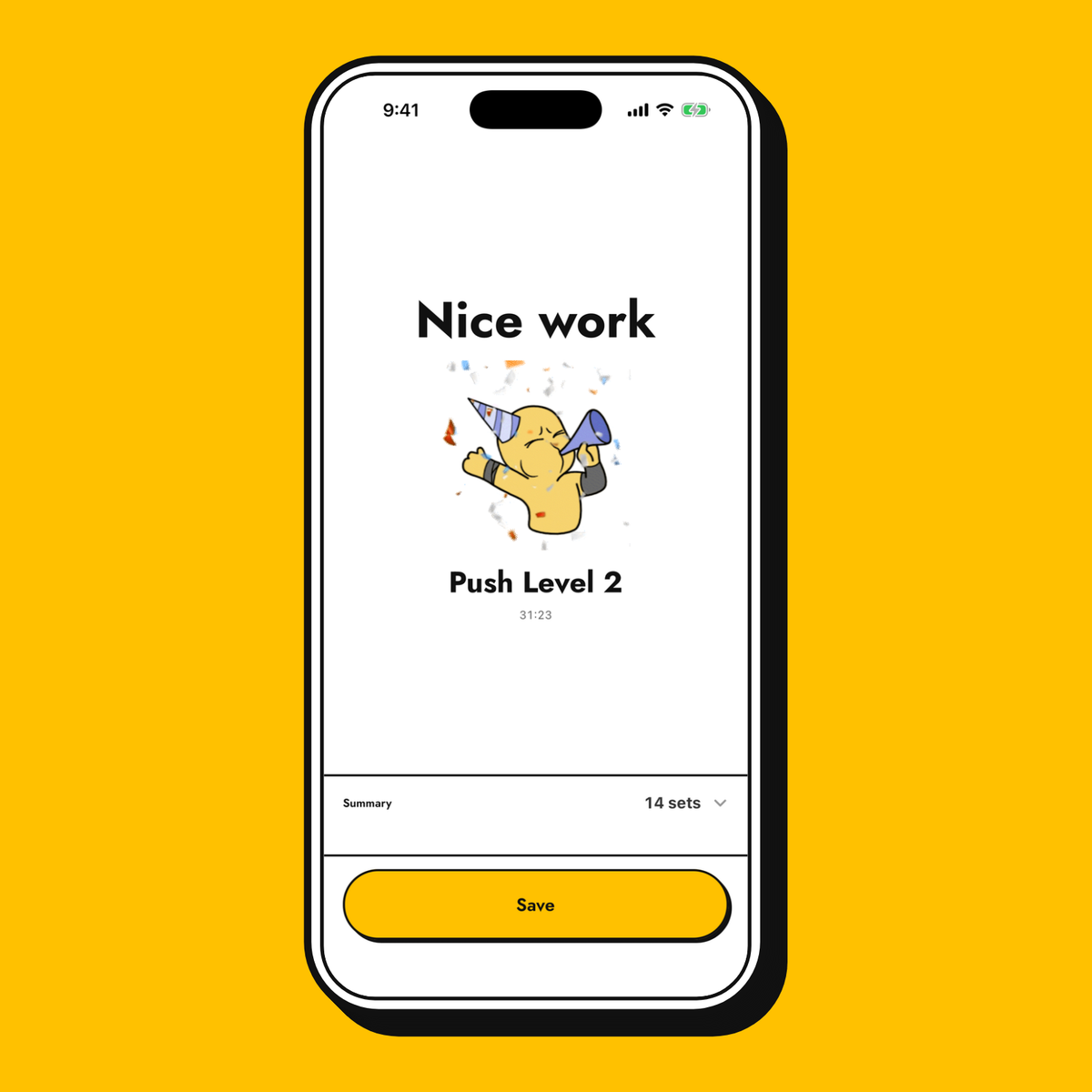 The end of a workout in the Yellow Dude app: Nice work, the Yellow Dude celebrating, Push Level 2 done in 31:23.
