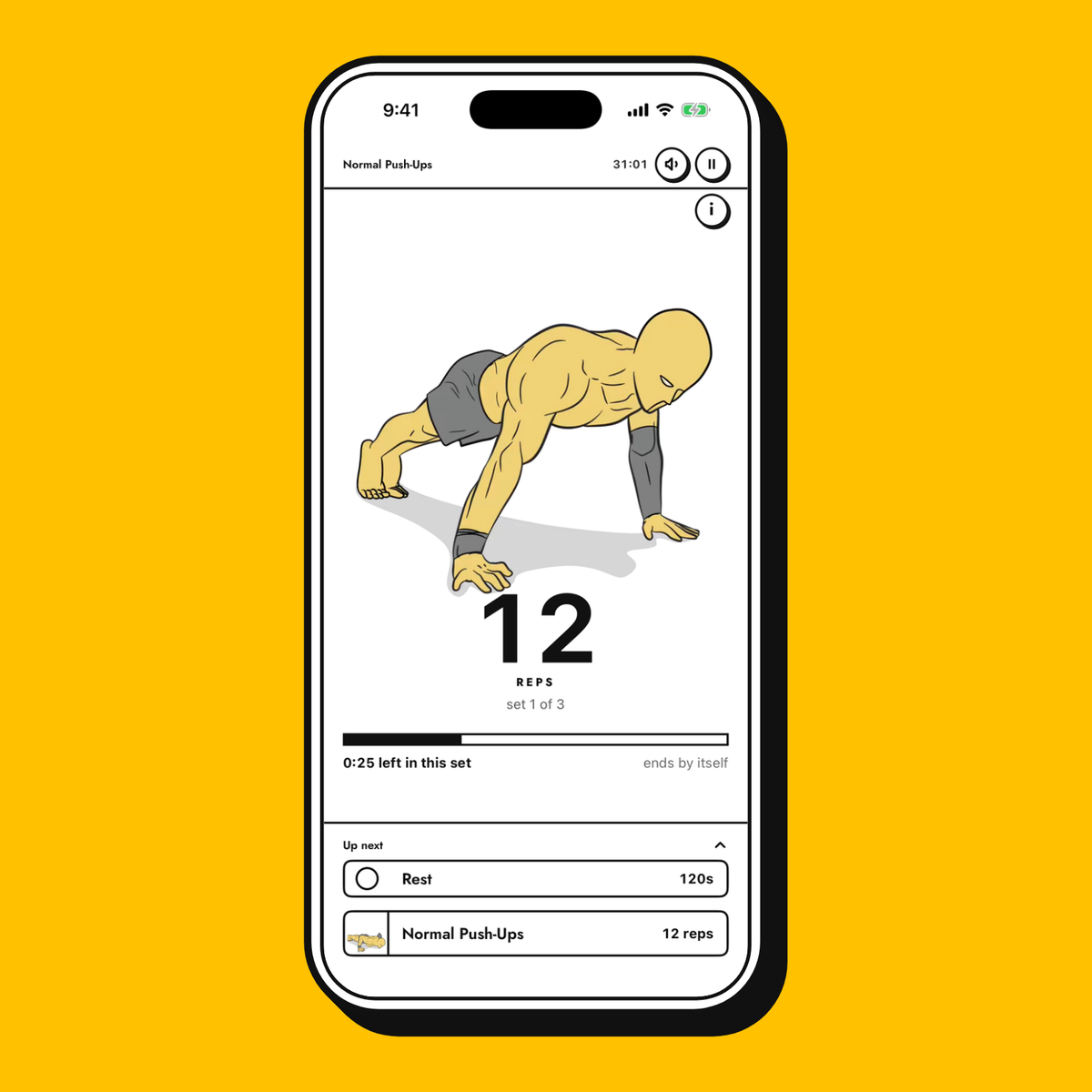 A hands-free workout in the Yellow Dude app: Normal Push-Ups, 12 reps, set 1 of 3, the set timing itself, with the rest and the next set up next.