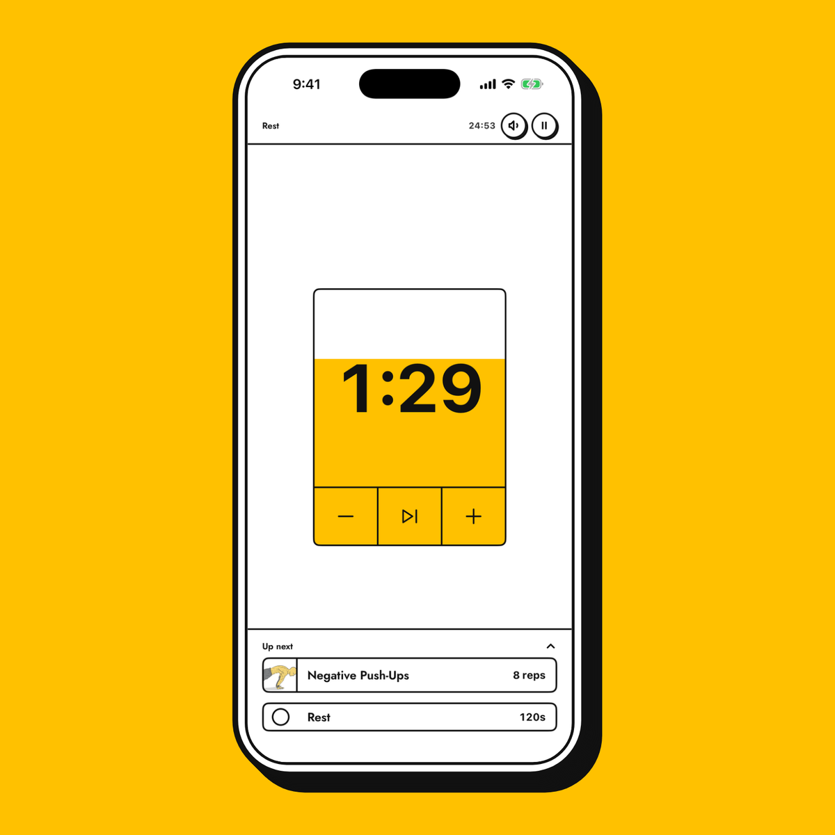 The rest timer in the Yellow Dude app: 1:29 left on the draining rest card, with minus, skip and plus under it, and Negative Push-Ups up next.