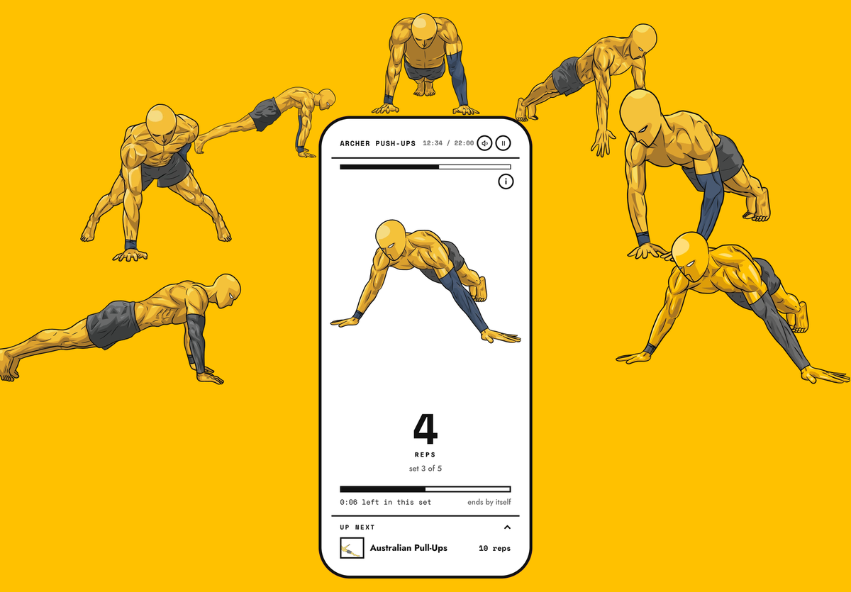 Yellow Dudes training in a semicircle around a phone running the Yellow Dude workout player
