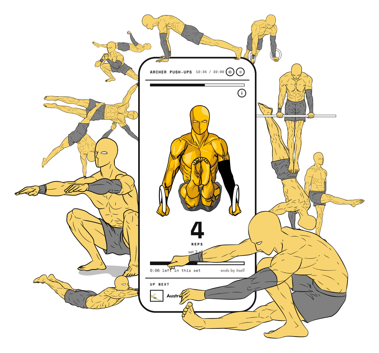 Yellow Dudes popping up around a phone running the Yellow Dude workout player